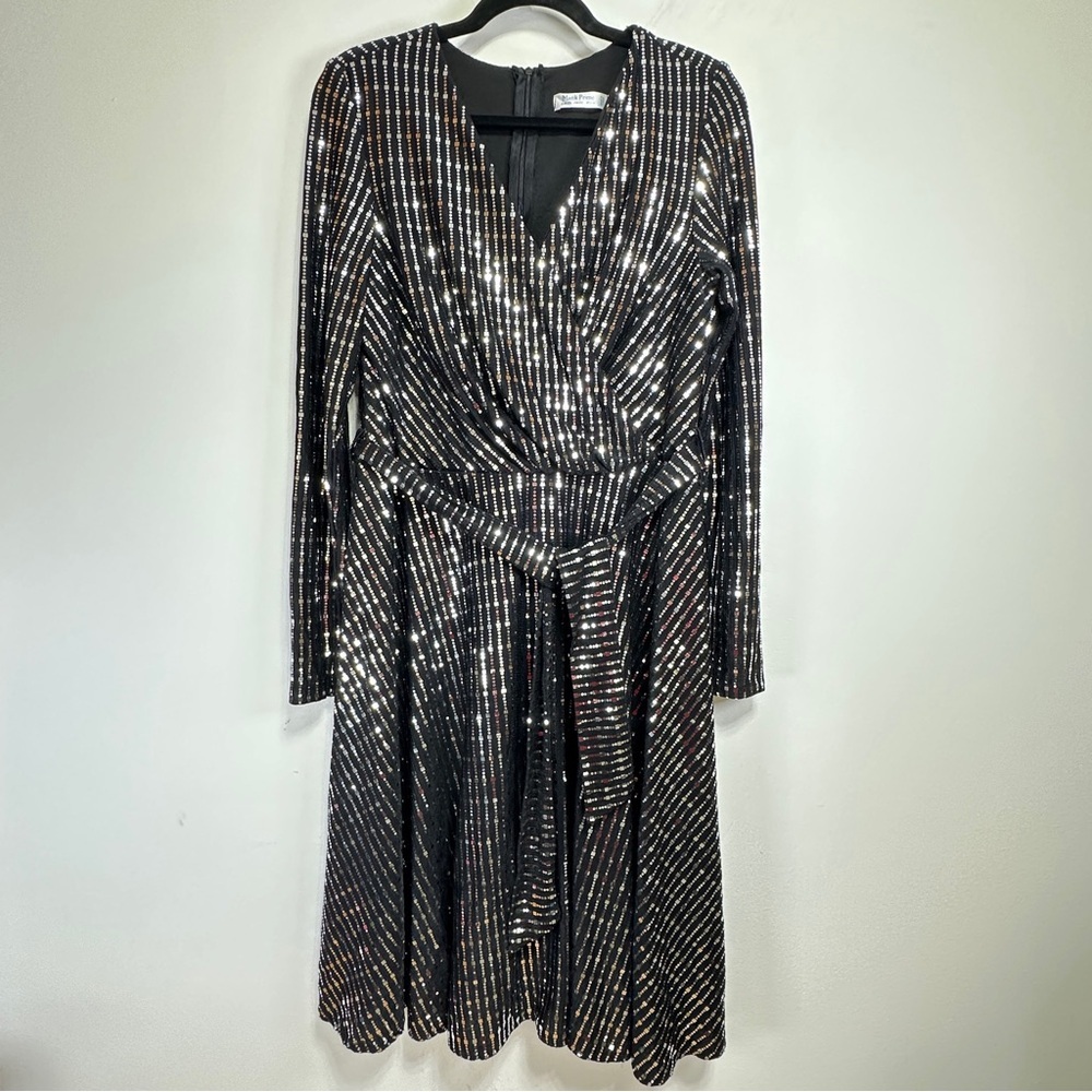 Black & Silver Embellished Faux Wrap Midi Dress Long Sleeve Shimmer Party Dress - Picture 3 of 14